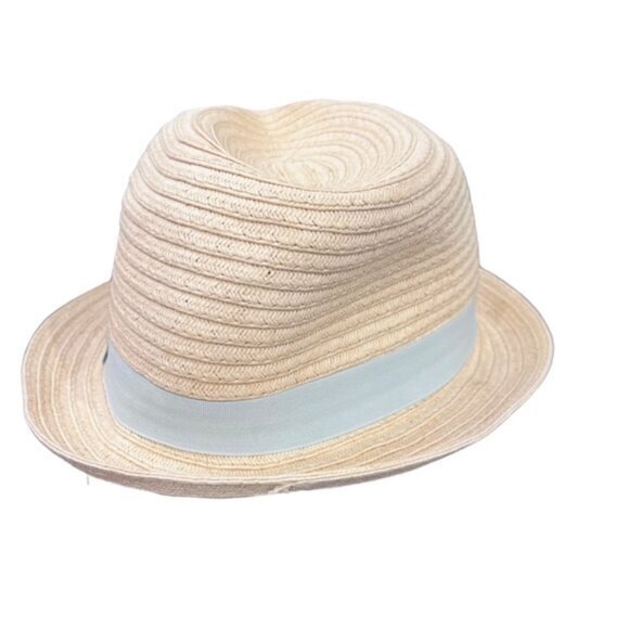 Straw Fedora Hat Preppy BOHO Cottagecore Pool Beach Travel Light Blue Ribbon - Picture 3 of 9